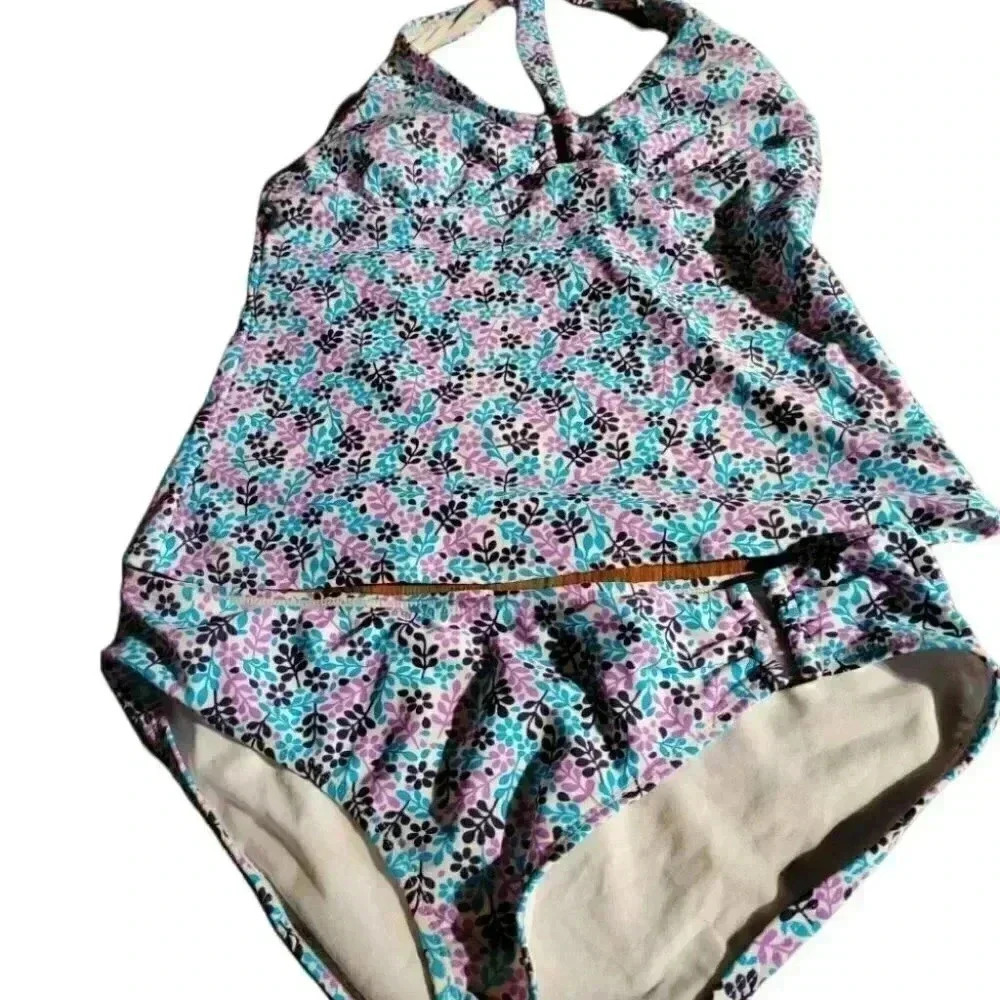 Old Navy 2 piece Tankini size medium Black turquoise print neck ties
